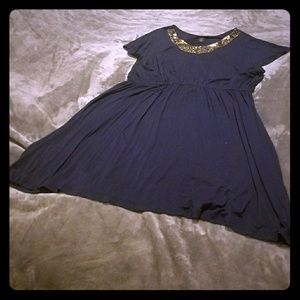 Navy jersey knit dress gold beaded neckline 26 28